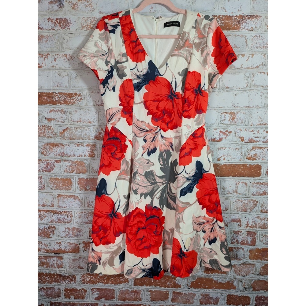Ivanka Trump Floral Fit and Flare Dress Women 10 Red Cream V-Neck Short Sleeve
